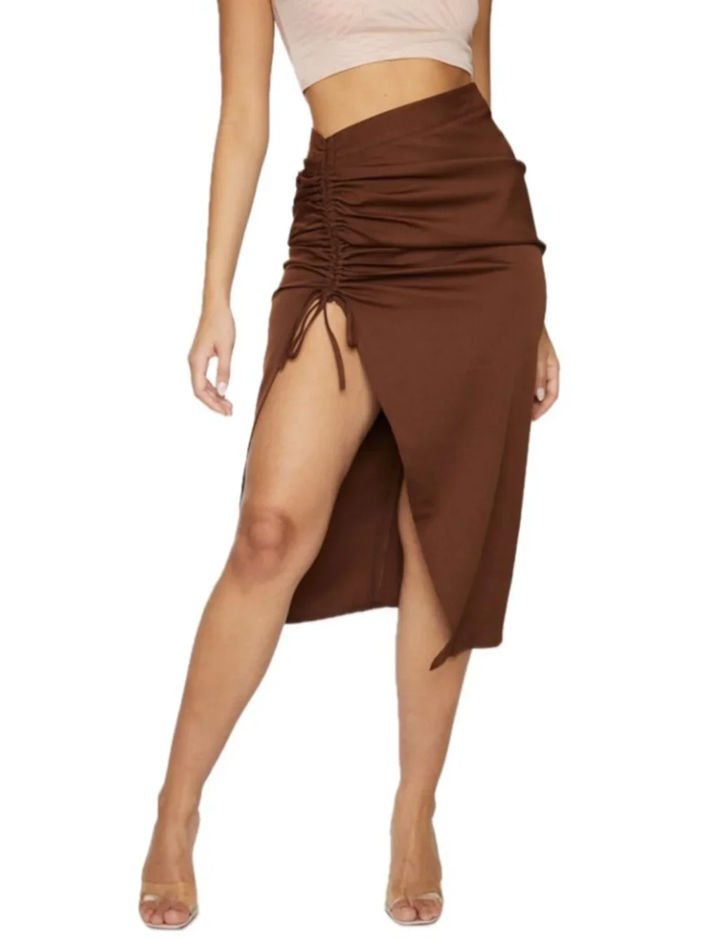 Pretty Little Thing Woven Ruched Front Side-Slit Midi Skirt (Chocolate Brown)